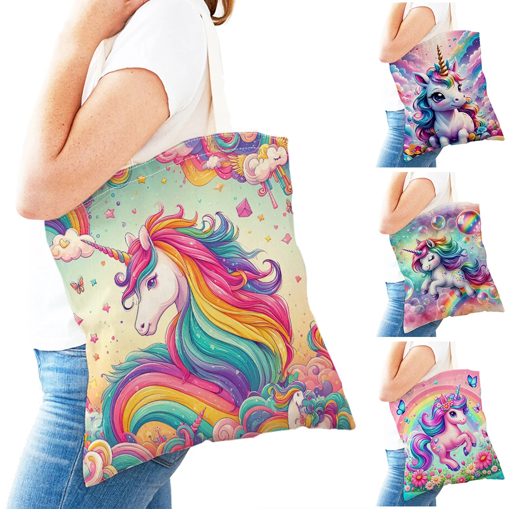 Bolsos de compras bonitos de animales de dibujos animados para mujer, bolso de compras de regalo para niños con doble estampado, bolso de hombro con diseño de unicornio mágico para mujer