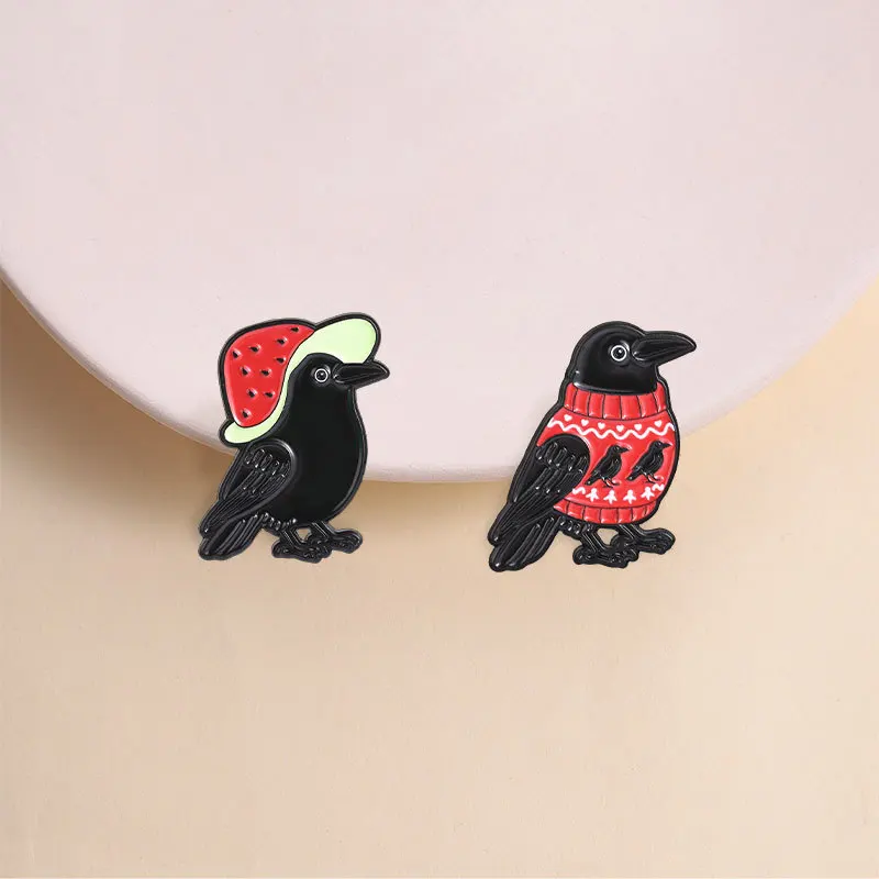 Funny Crow Brooch Cartoon Red Sweater Watermelon Hat Black Bird Metal Badges Casual Pins DIY Clothing Bags Hat T-shirt Accessory