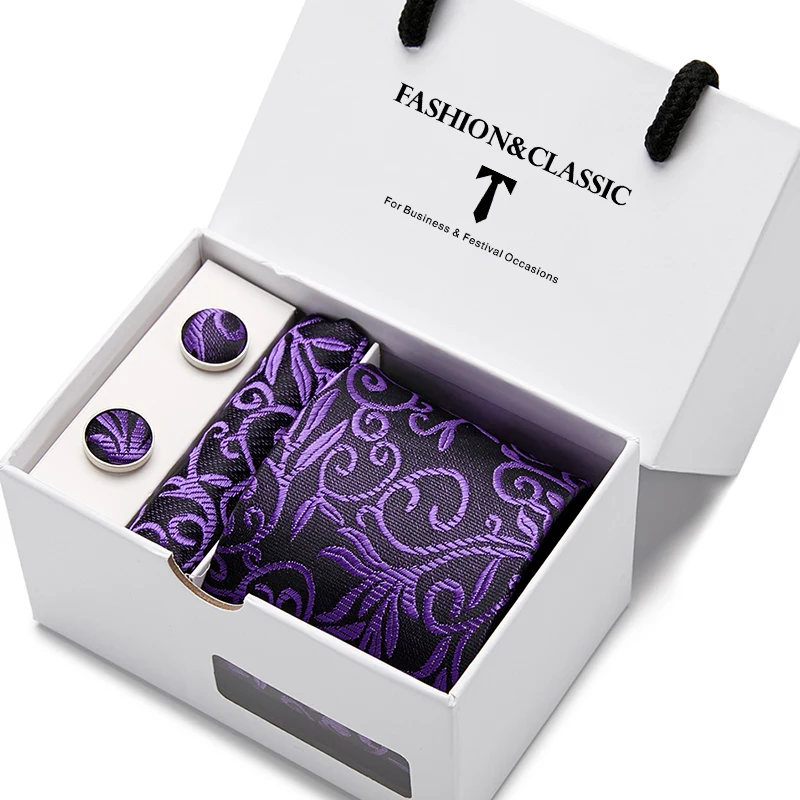Hochwertiges 7,5 cm schwarzes, solides Herren-Krawatten-Taschentuch-Manschettenknöpfe-Set für Männer, Hochzeitskrawatten, Gravatas in Geschenkbox – Detail 19