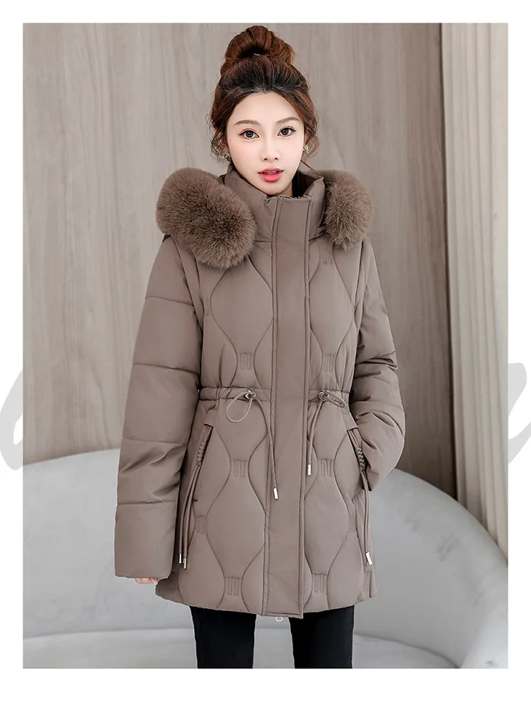 Simple Solid Color Large Fur Collar Hooded Removable Long-sleeved Down Cotton Jacket Women's 2025 Winter Thickened Warm Jacket