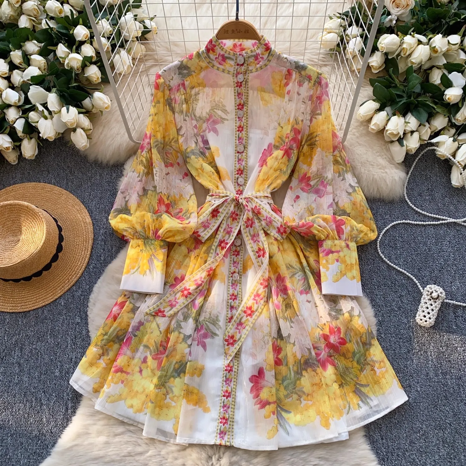 

Summer Runway Gorgeous Flower Bright Slik Chiffon Dress Women Stand Long Lantern Sleeve Floral Print Lace Up Boho Robe Vestidos