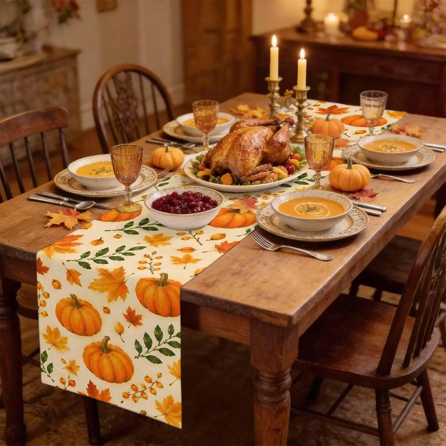 Thanksgiving Pumpkin Maple Leaves Linen Table Runner Home Decor Farmhouse Fall Harvest Kitchen Dining Table Runners Autumn Decor
