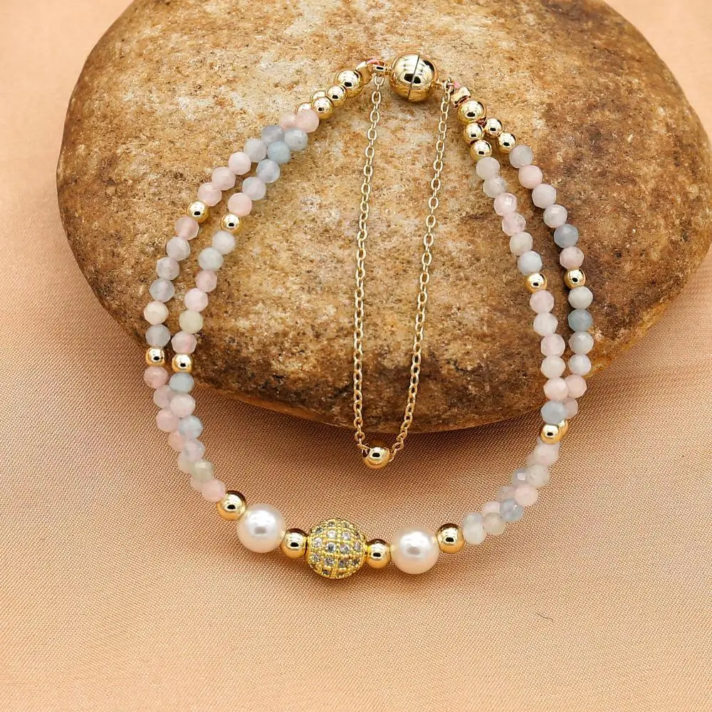 

Handmade Double Layered Natural Stone Beaded Zircon Magnetic Buckle Charm Bracelets Bohemian Crystal Bracelet Women Jewelry