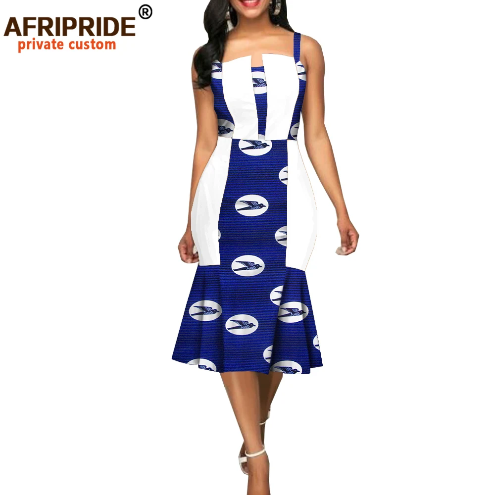 2026 African Summer Women Casual Trumpet Dress AFRIPRIDE Sleeveless Spaghetti Strap Knee-length Women Wax Cotton Dress A1825056