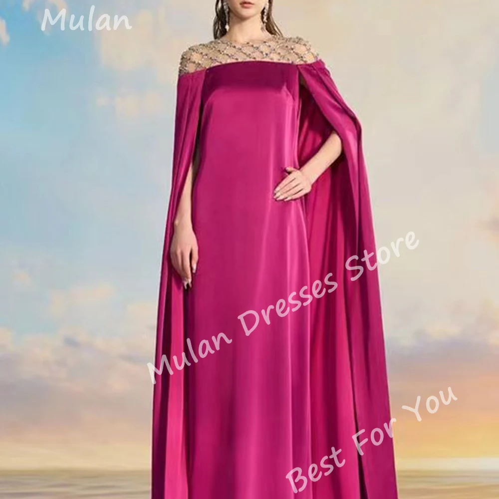 Elegant Long Beads Evening Dresses for Women Satin O-Neck Floor-Length Sweep Train Special Events Prom Party Wedding Dress