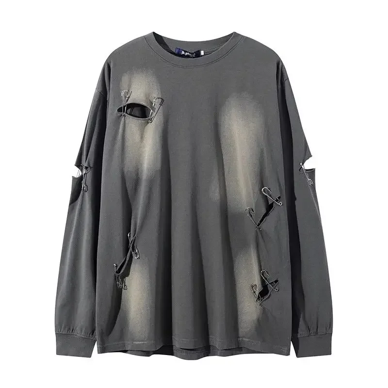 

Vintage Hole Trendy Long Sleeve T-shirt Men Top High Street Loose Casual Tshirt Student Handsome Thin Sweatshirt Men