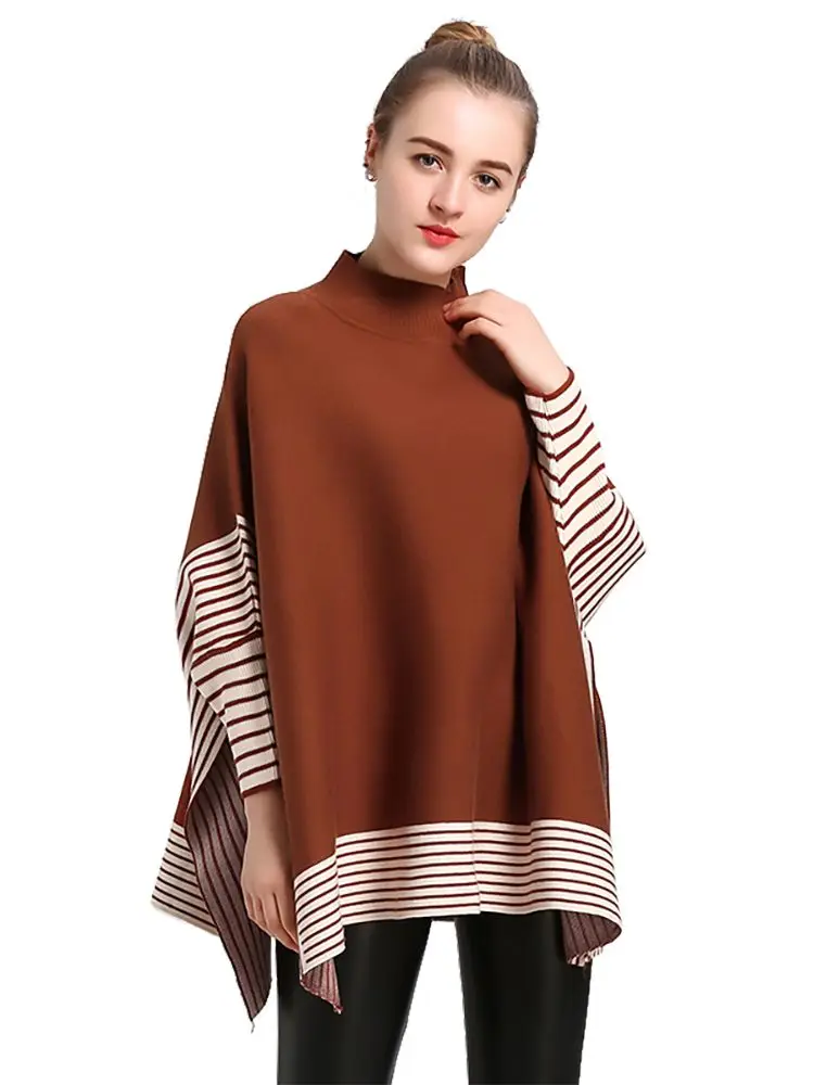 Suéter de primavera y otoño para mujer, chal tejido con tiras, manga de ala de murciélago, jersey de cuello alto, Poncho holgado para otoño e