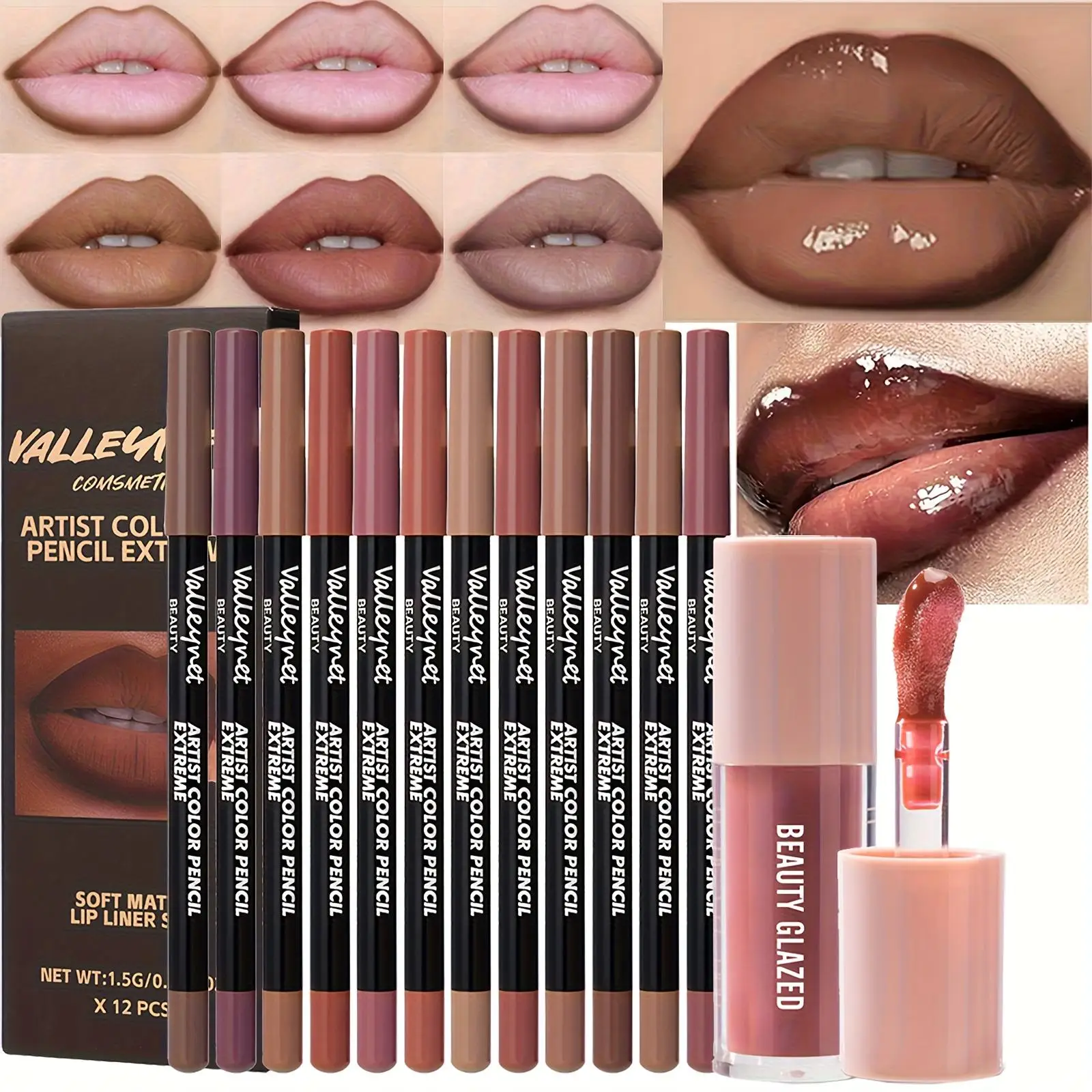 13-Piece Waterproof Long-Lasting Lip Liner and Lip Glaze Set,13 Shade Collection Soft Matte and Glossy Lip Makeup Set