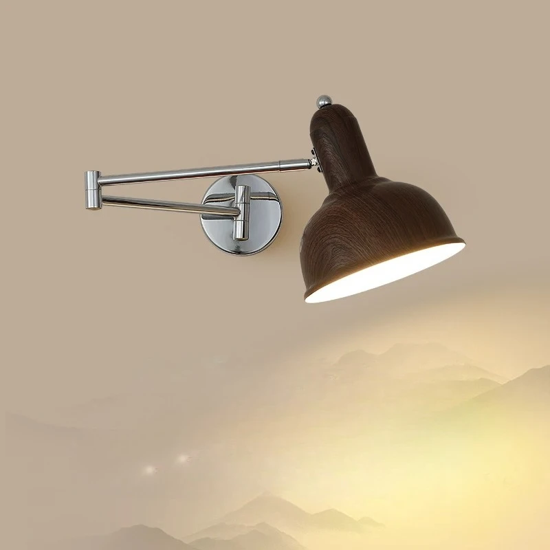 Nordic Modern Retractable Rotatable Swinging Wall Lamp Bedroom Bedside Restaurant Study Walnut Grain Reading Working Wall Lights