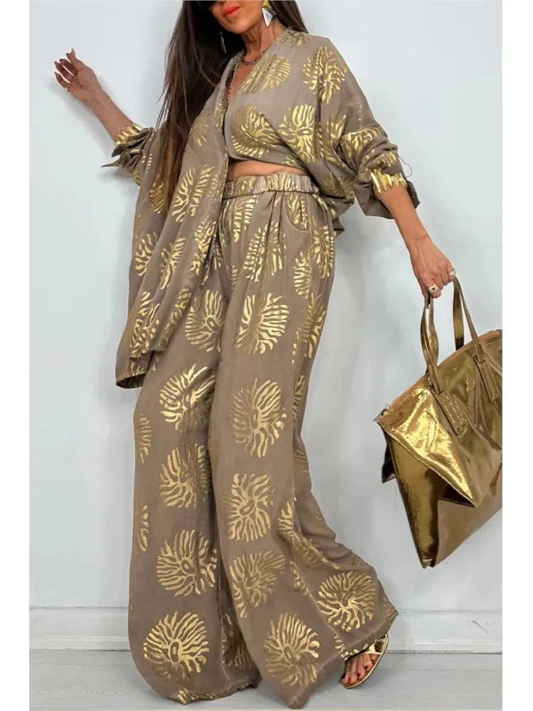 

Women Gold Hot Print Shirt Pants Sets Long Sleeves Top Elastic Waist Wide-leg Trousers Set Female Two Piece Set Women Outfits