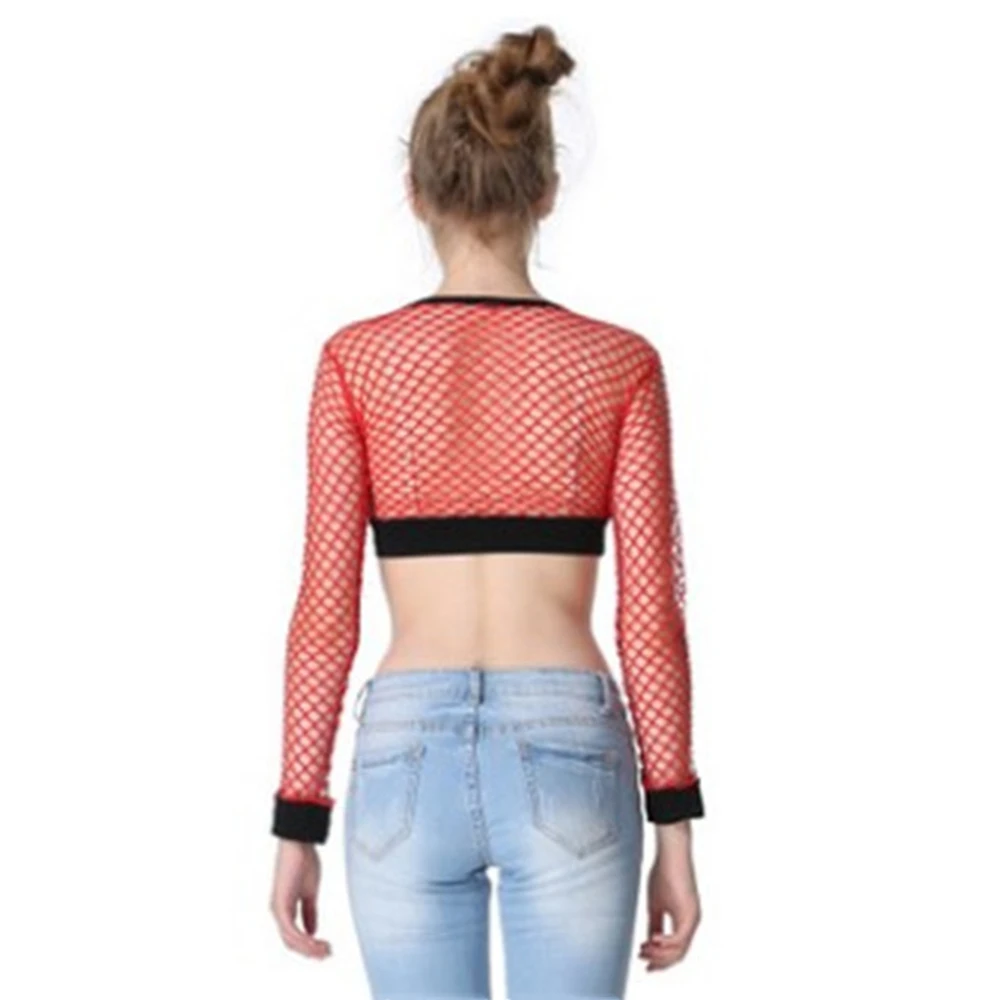 Sexy Fishnet See Through Y2k Crop Top T-shirts Woman Blouses 2022 Summer Long Sleeve Tshirt For Women Transparent Clothes Shirts