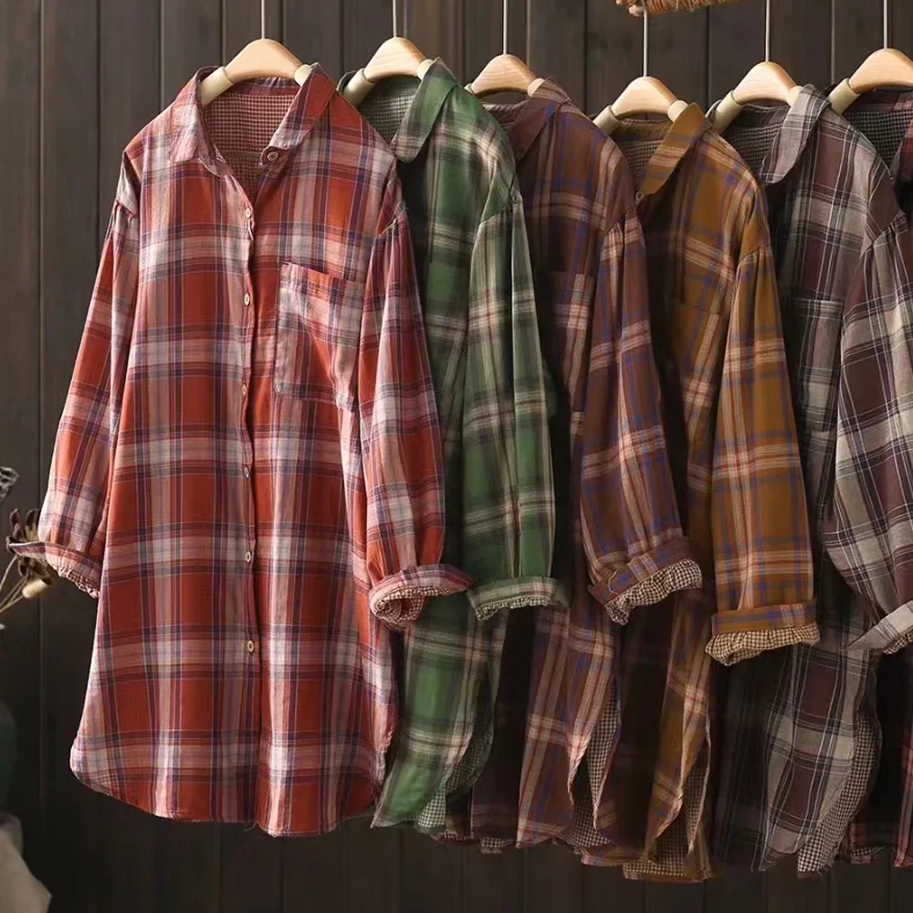 

Enianechu 100% Cotton Yarn Women's Plaid Shirts Long Sleeve Blouses for Tall Women Middle-Length Vintage Check Cardigan Outwear