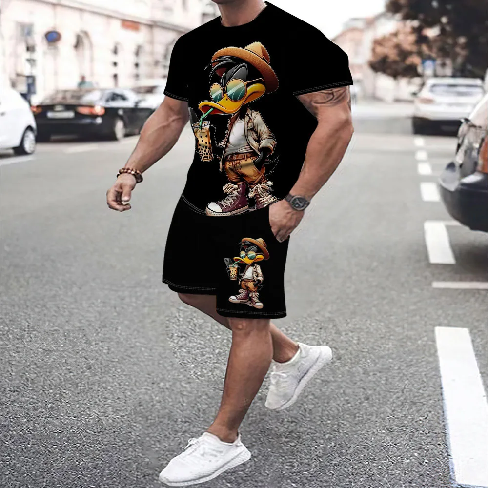 

Funny Men's T-shirt Suit Cartoon Duck Print Summer Short Sleeve Shorts 2 Piece Sets Casual Men Tracksuits Outdoor Clothing