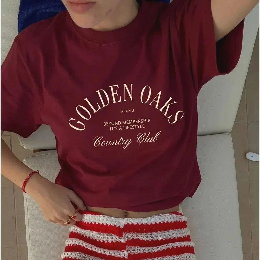 Fashion French Wine Red Soft Cotton T-Shirt Vintage Arch Golden Oaks Country Club Print Preppy Golf Aesthetic Loose Casual Tee