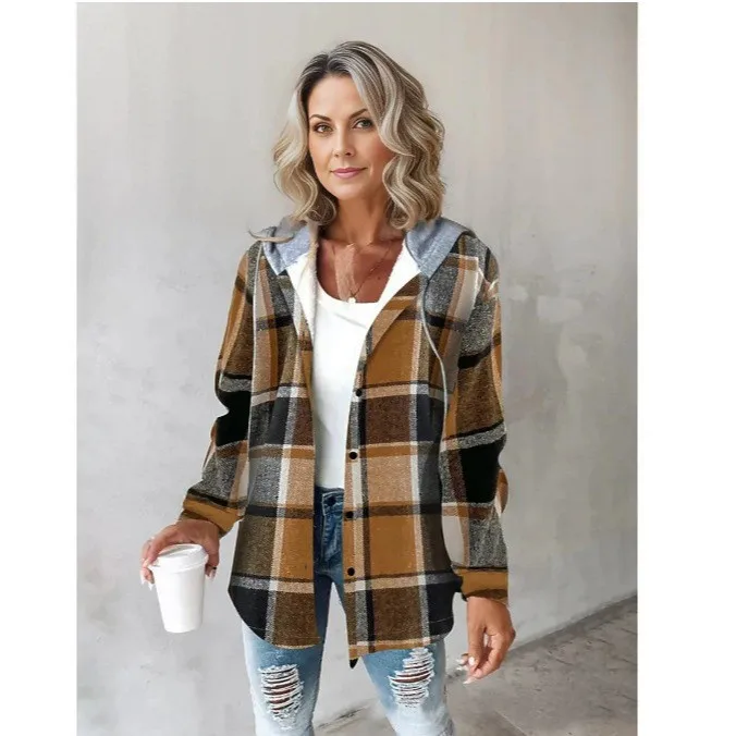 Women's Spring Autumn Demi-Season Elegant Hooded Printed Oversized Color Block Jacket Medium Weight Long Sleeve Single Breasted