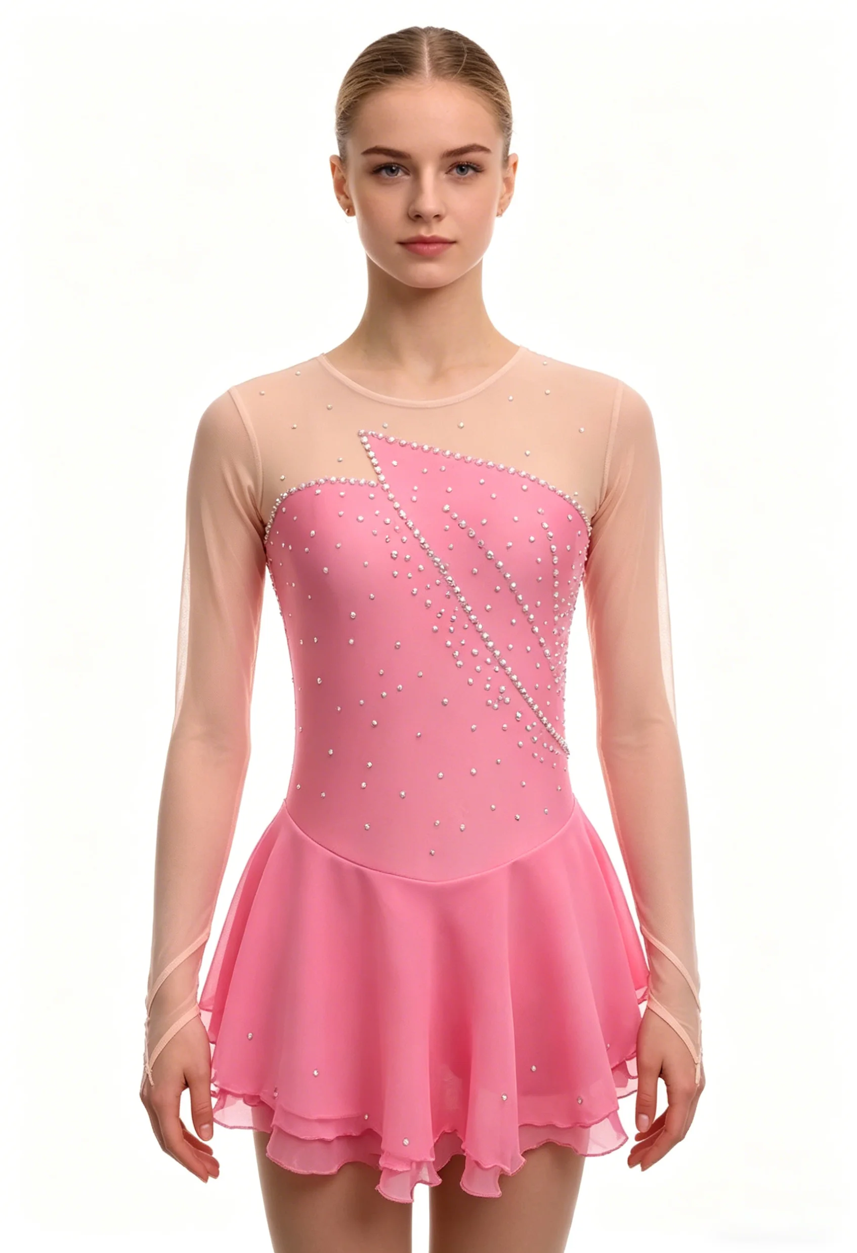 

Elegant Rhinestone Ice Skating Dress Women Sheer Mesh Long Sleeve Figure Skating Costume Flowy Ruffled Skirt Performance