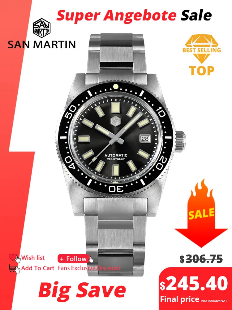 

San Martin New 62mas 37mm Diver Mens Watch Classic Luxury Sapphire PT5000 SW200 Automatic Mechanical Watches Date 20Bar Luminous