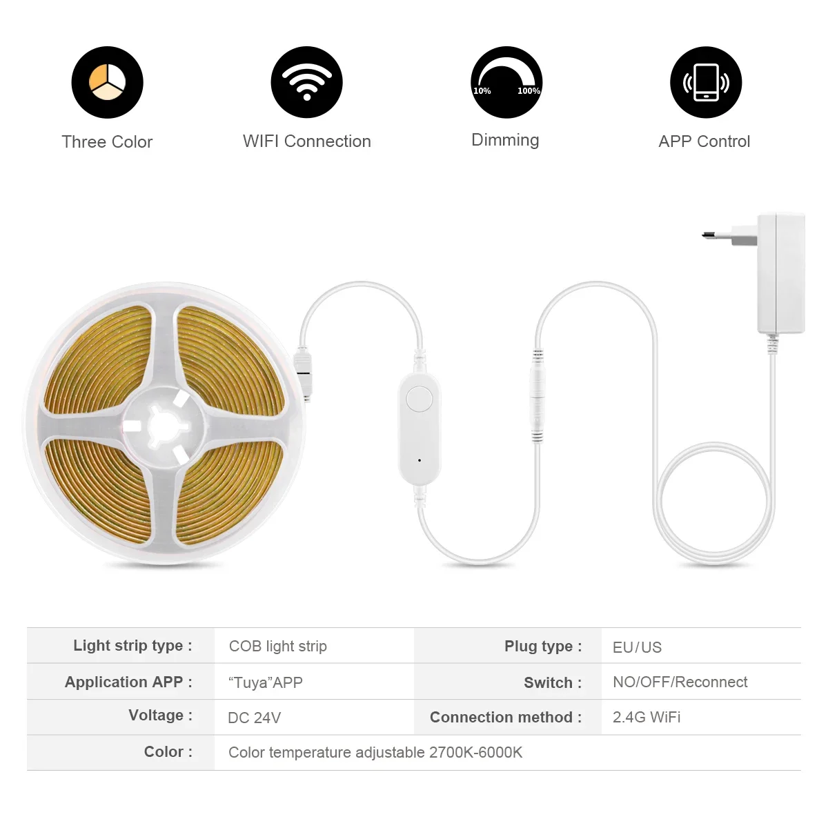 Tuya Smart COB LED Strip DC24V 3M/5M Ajustável 2700K-6500K Faixa de luz CCT regulável para Alexa/Google Home funciona com SmartLife