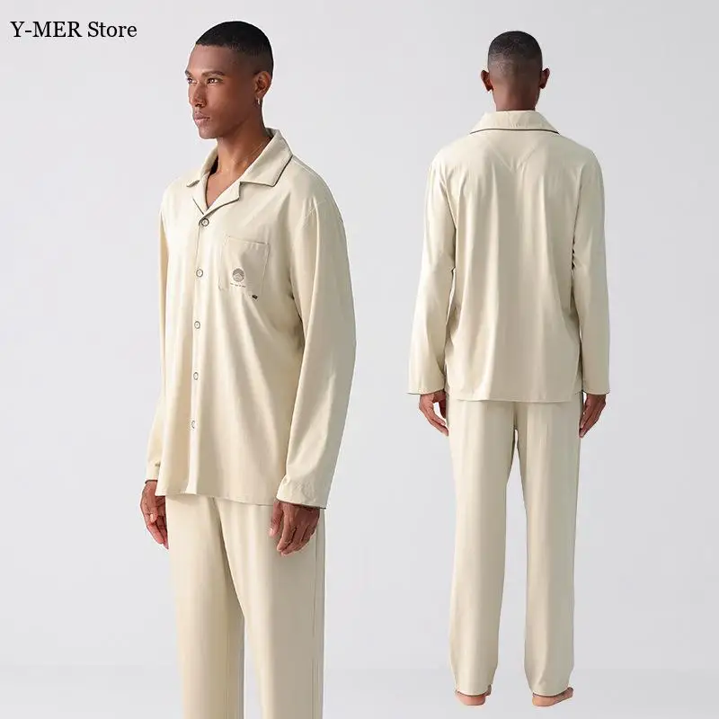 Modal Cotton Home Clothes Male Solid Collar Pajamas Suit 2Pcs Long Sleeve Sleepwear Autumn Summer New Loungewear Plus Size 4Xl