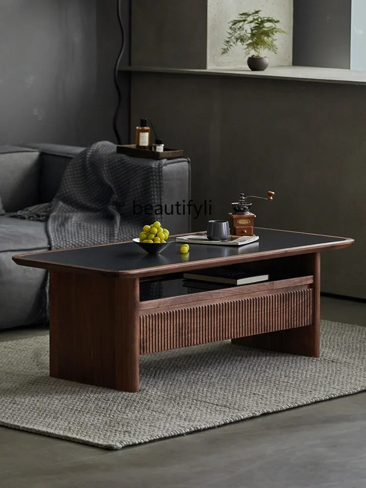 

A Coffee Table Living Room Home Small Apartment Black Walnut Stone Plate Simplicity Modern Small Table Solid Wood Tea Table