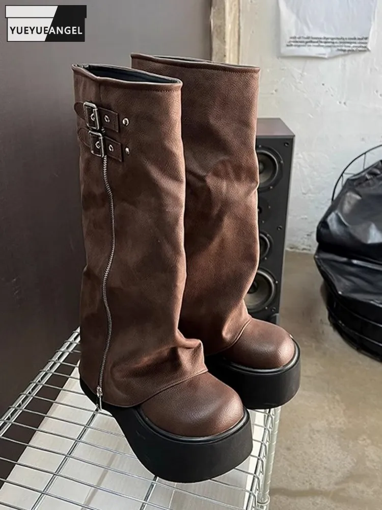 Fashion Women Thick Platform High Top Modern Boots Cowhide Genuine Leather Motorcycle Boots Knee Punk Zipper Buckle High Shoes