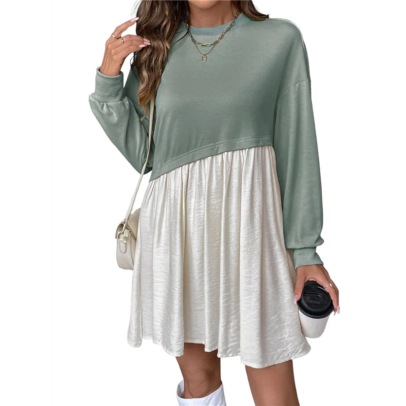 NEW-여성용 컬러 블록 라운드 넥 긴 소매 러플 밑단 캐주얼 A라인 짧은 드레스
