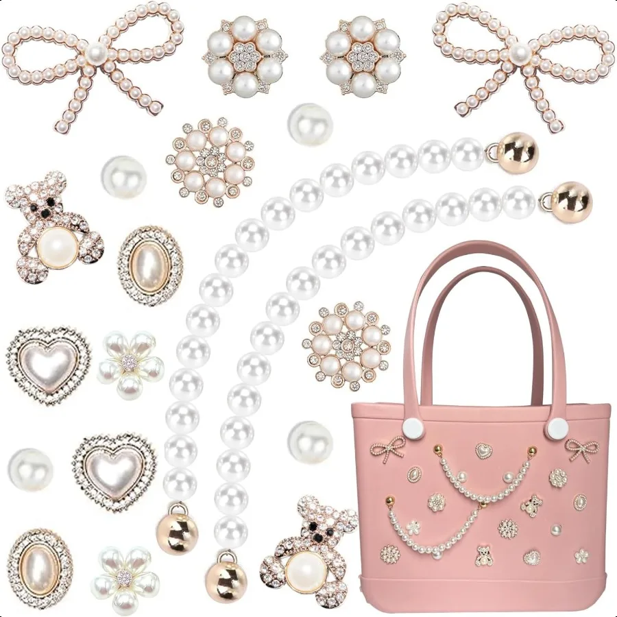 

Charms for Bogg Bag Pearls Flowers Pearls Bow Chain for Bogg Bag Simply Southern Beach Bag Totes Accories Charms Compatible Pea