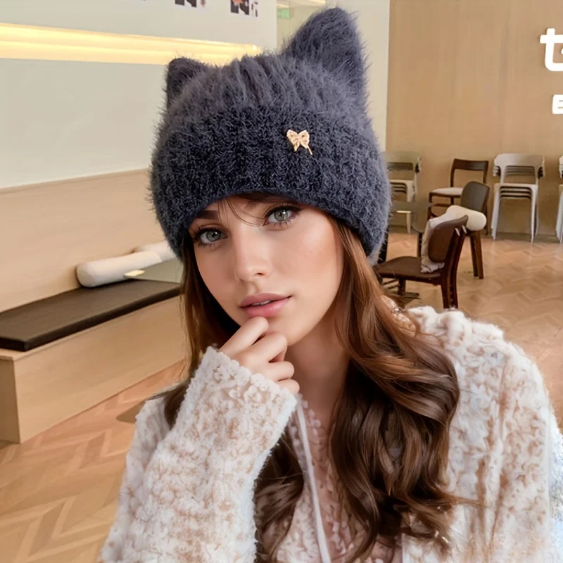 

Women Winter Cat Ear Knitted Beanie Hat Cute Fuzzy Warm Soft Stretch Skull Cap Korean Sweet Bowknot Faux Mink Wool Cap