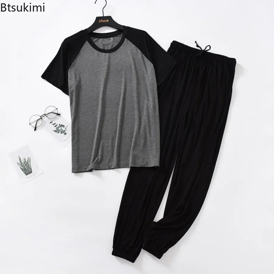 2024 Men\'s Spring Summer Modal Pajamas Sets Homewear Short Sleeve and Pants Sleepwear Suit Male Loose Patckwork Lounge Nightwear