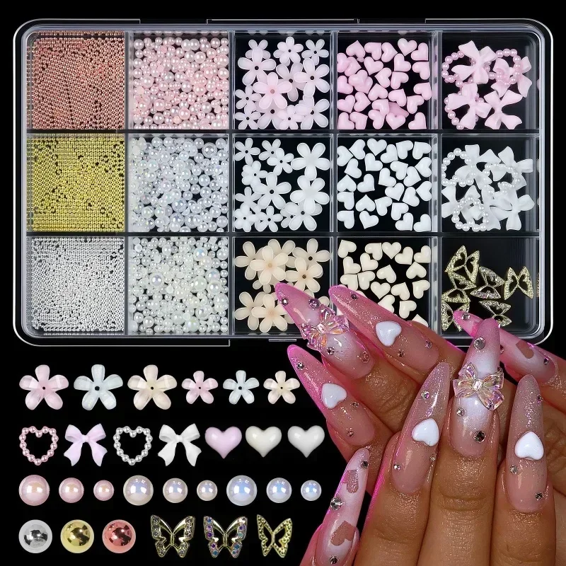 

12/15Grids/box Mixed Resin Bowknot Nail Art Decorations 3D Acrylic Charms Kawaii Colorful Bow Rhinesto DIY Manicure Tools Parts