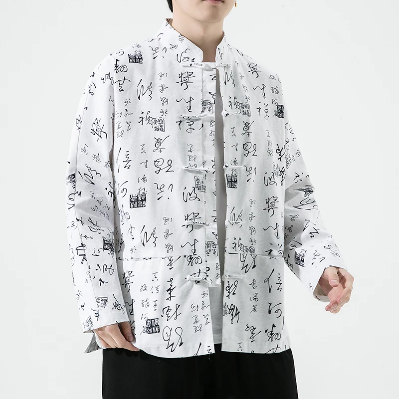 

New Chinese Sle Men's irt Tang Costume Stand Collar Embroidered Pattern Men's Button up Long Sve Stand Fit Jaet