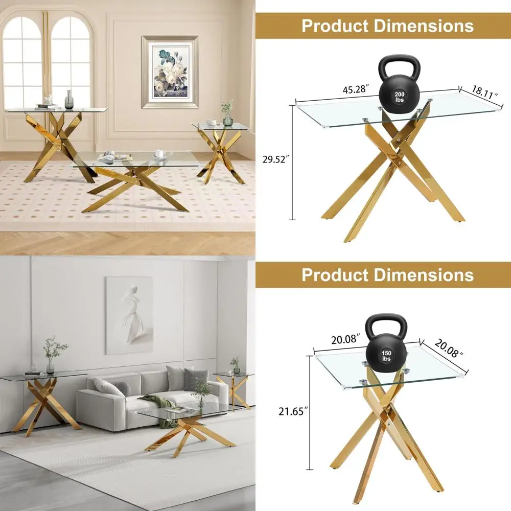 

Tri-Level Coffee Table Ensemble with Gold Metal and Tempered Glass