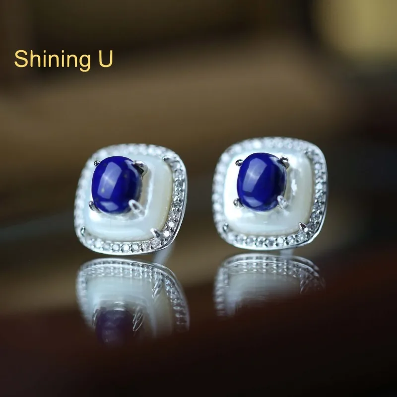 Shining U 925 Sterling Silver White Shell Lapis Lazuli Stud Earrings for Women Fine Jewelry Summer