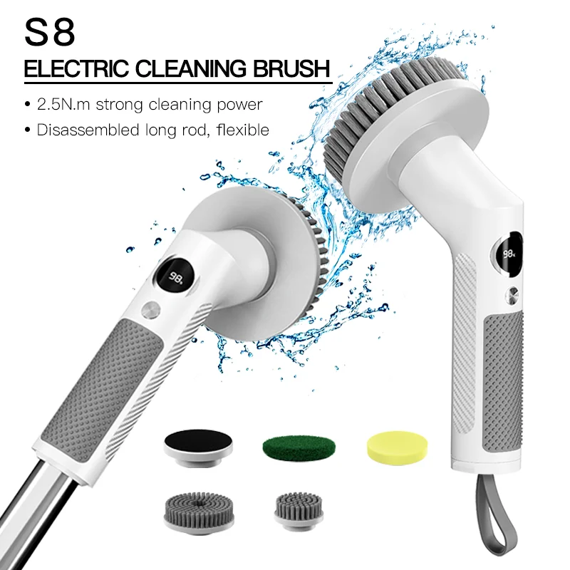 S8 Electric Cleaning Brush Handheld Multi-Function With Long Retractable Handle Kitchen Floor Glass Electric Mop Spin Scrubber