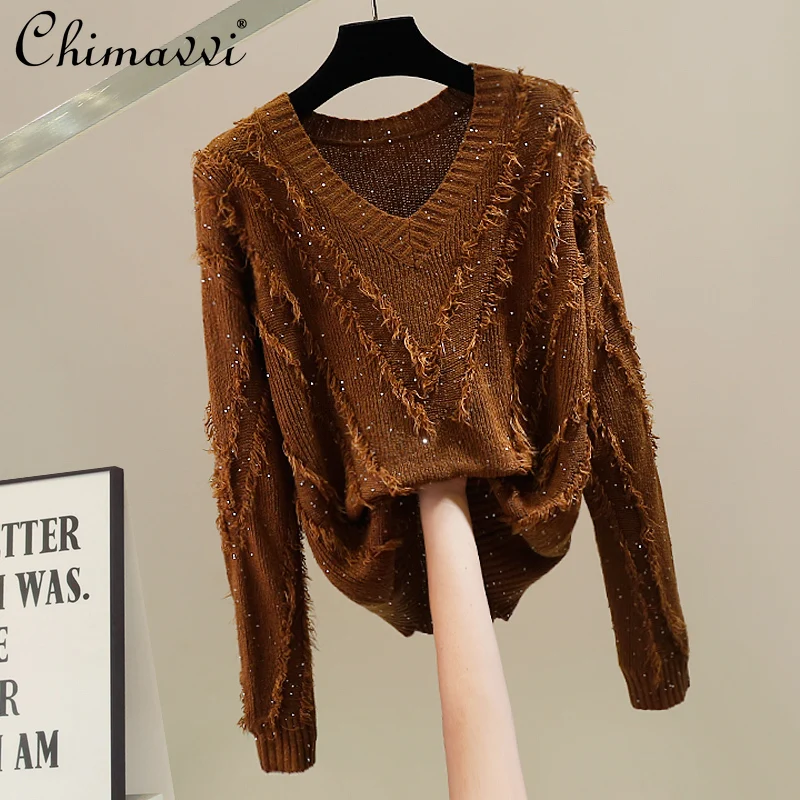 

Fashion Heavy Sequin Mixed Knit Plush Pullover Short Long Sleeve Sweater 2025 Autumn Winter New Loose Tassel Elgant Top