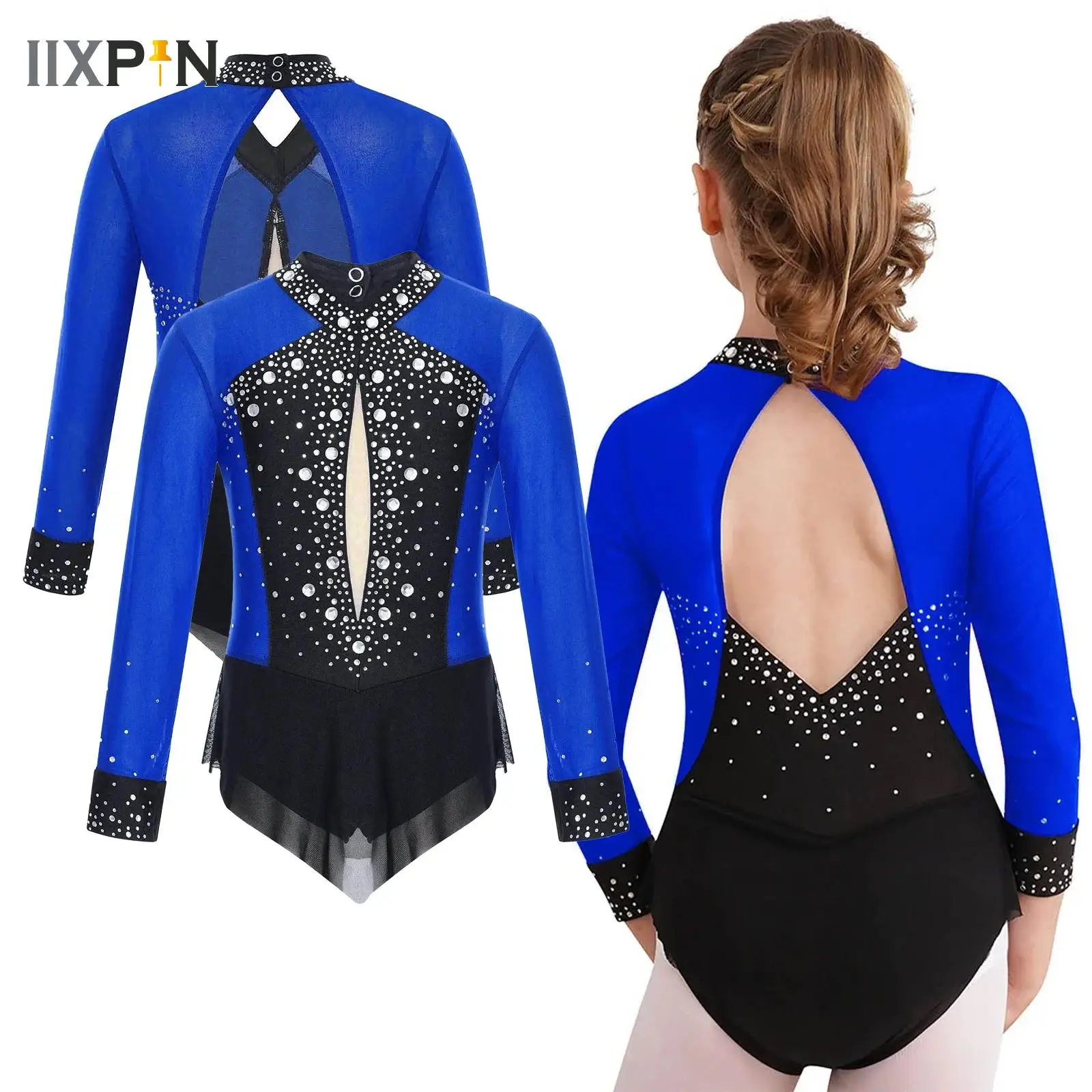 

Children Girls Figure Skating Costume Ballet Dance Jersey Rhythmic Gymnastics Skirted Leotard Shiny Rhinestone Sheer Mesh Dress