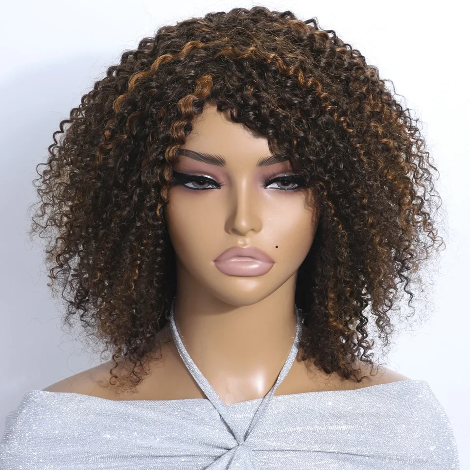 Trueme 180D Highlight Brown Kinky Curly Bob Wig Human Hair Wigs For Women Honey Blonde Brazilian Afro Kinky Curly Human Hair Wig