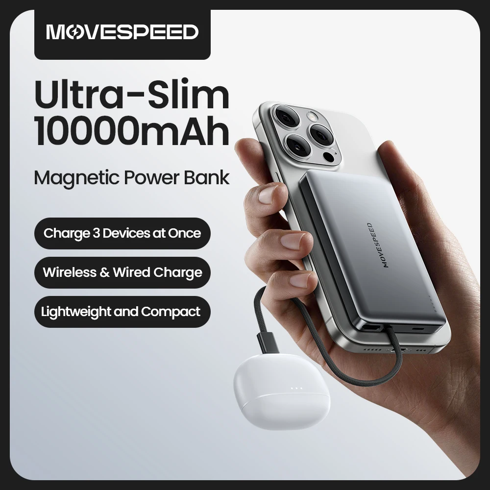 

MOVESPEED S10Plus Magnetic Power Bank Wirelss 10000mAh Slim External Battery with Cable for MagSafe Powerbank for iPhone Samsung