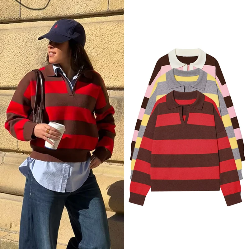 

Женский модный полосатый вязаный свитер, осенне-зимний пуловер с воротником-поло и длинными рукавами, винтажные женские шикарные топы