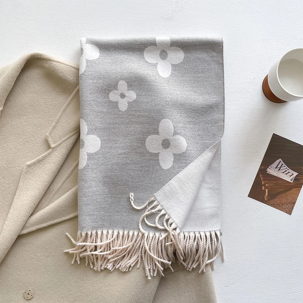 أنيقة الزهور الجاكار الصوف فو شال كشمير وشاح طويل المرأة شتاء دافئ منديل ربيع الخريف يلتف مزدوجة الجانبين