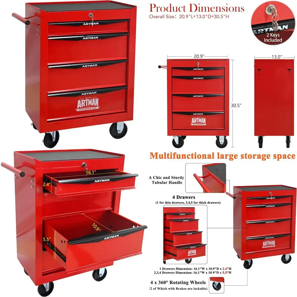 Multifunctional Rolling Tool Chest with 4 Drawers, Heavy-Duty Trolley Organizer for Workshop and Storage Solutions