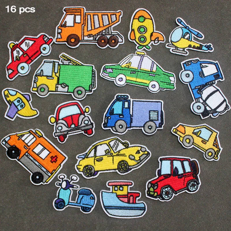 16Pcs/lot Cartoon Cars Patches for Kids Clothes Jackets Cute Iron on Badges Fabric Cheap Embroidered Stickers Sewing Supplies