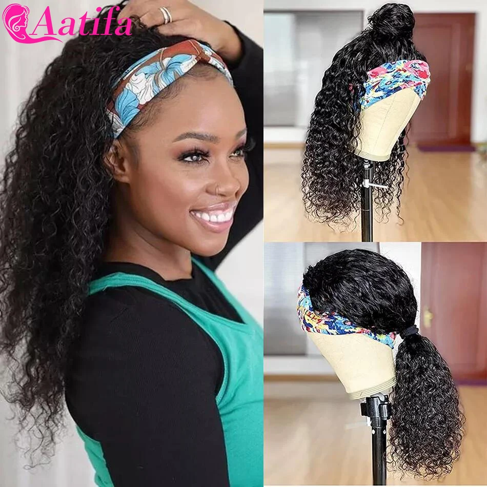 AATIFA Water Wave Headband Wigs Brazilian Kinky Curly Short Bob Headband Wigs 100% Remy Hair Curly Scarf Wigs For Black Women