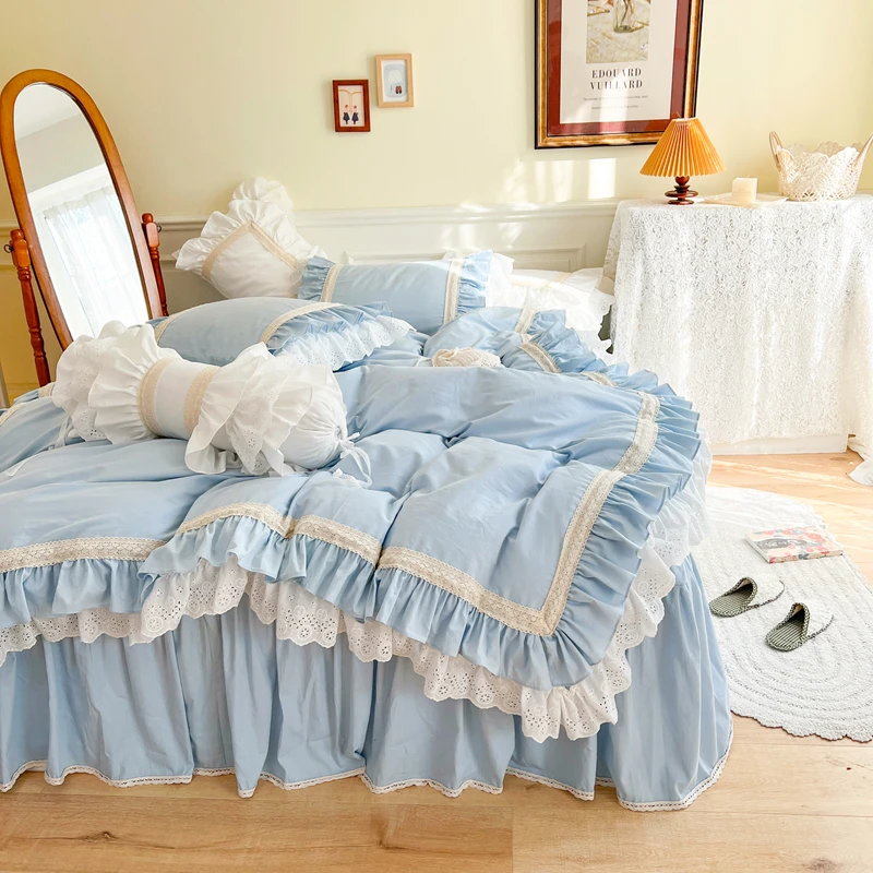 

Princess Bedding Sets Luxury Hollow Out Lace Embroidery Duvet Cover Sky Blue Washed Cotton Bed Skirt Bedspread Pillowcases