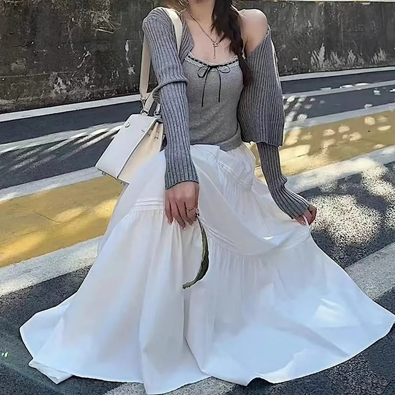 Spódnice Damskie Sukienka Balowa z Elastyczną Talią Spódnica Linia Luźna Y2k Streetwear Spliced Ankle Length Cake Dress 2025 Slight Strech White