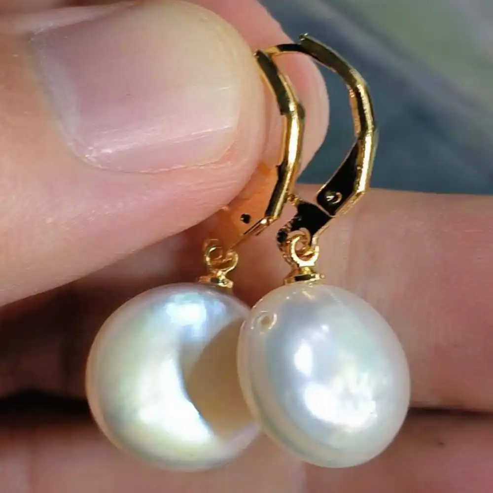 

14-15MM Natural AAA Baroque White Coin pearl Earrings 14K Unisex Dangling Wedding Hoop Platinum Beaded