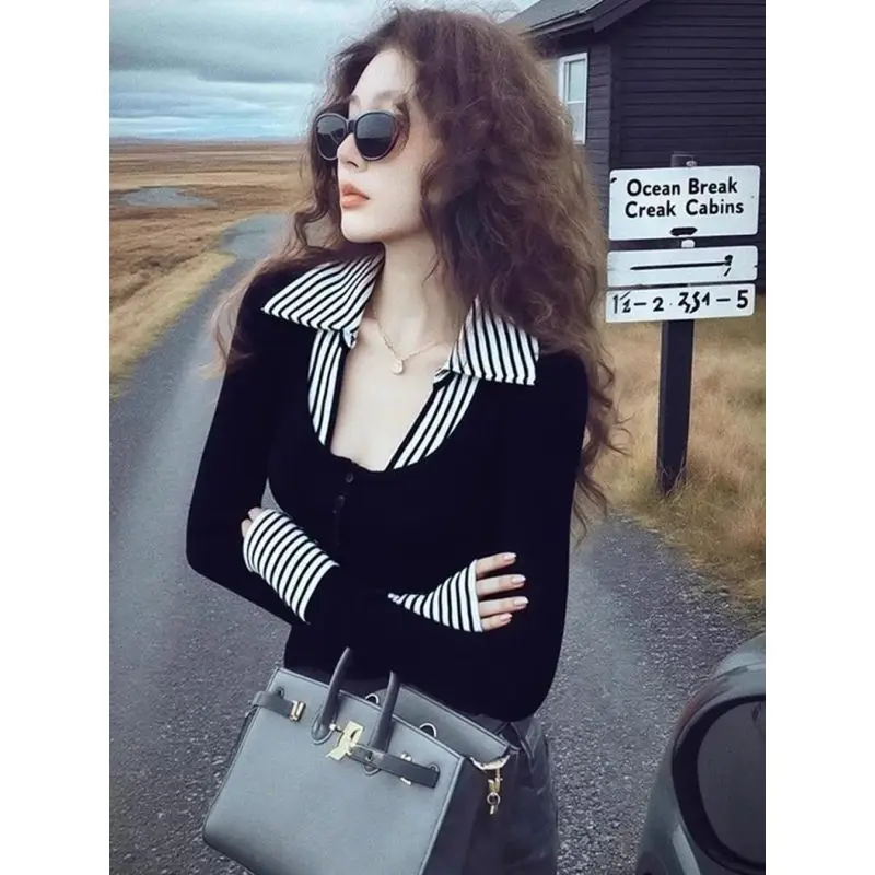 Striped Patchwork Fake Two Piece Trend Tops Women Clothing Long Sleeve Polo Neck Fashion T Shirts Korean Casual Spring Autumn
