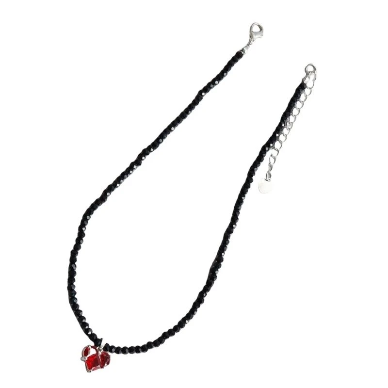 Цепочка-воротник с черными хрустальными бусинами и подвеской в ​​виде сердца, регулируемая длина, шейная цепочка, аксессуар для