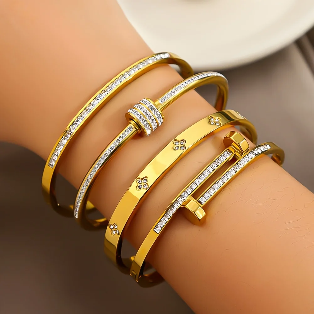 Luxury Stainless Steel CZ Bangle Bracelet for Women Silver Plated Clover Open Cuff Bangles Waterproof No Fade Jewelry
