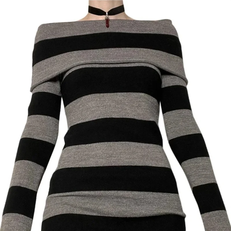 

2025 Women Autumn Dress Striped Boat-Neck Long Sleeve Bodycon Short Dress Y2K Gothic Wrapped Hip Party Dresses